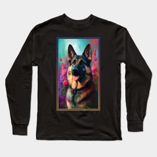 German Shepherd Dog Vibrant Tropical Flower Tall Digital Oil Painting Portrait  2 Long Sleeve T-Shirt